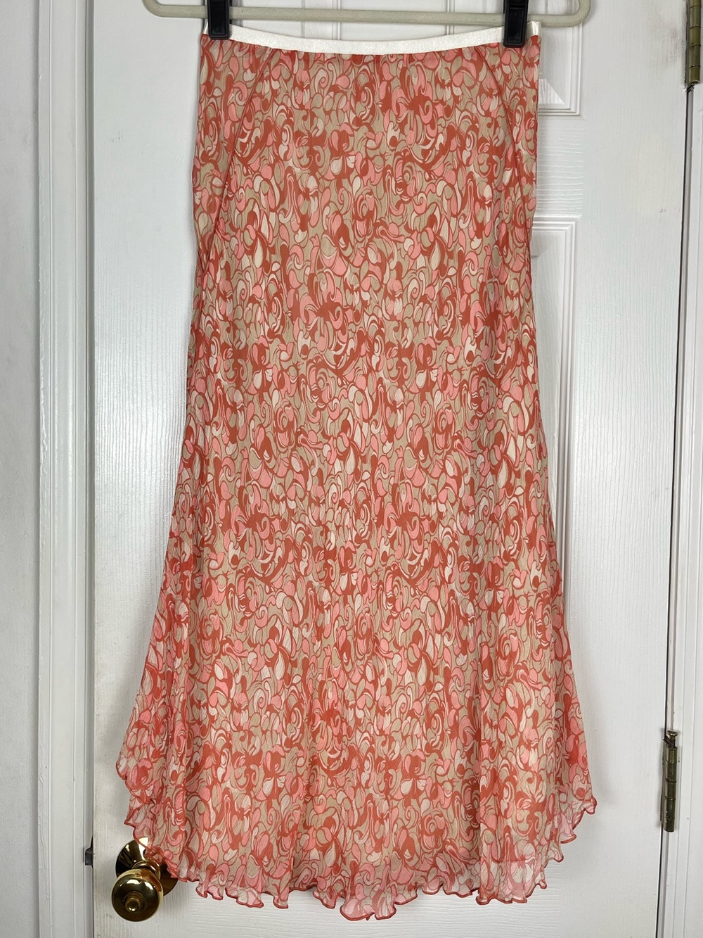 Gianni Bini Silk Floral Coral/Tan Skirt Sz S Lettuce Hem Cottagecore Fairy